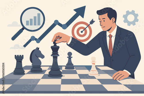 Business strategy concept. Businessman playing chess to symbolize strategic planning and tactical decisions. Marketing analysis for growth, achieving target goals, and winning competition.