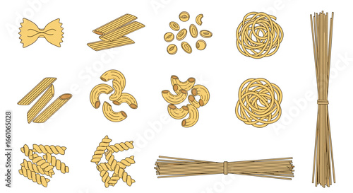 Diverse collection of popular pasta shapes, perfect for culinary inspiration and food design.