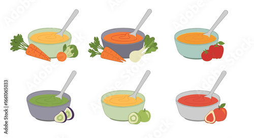 Vibrant bowls of healthy pureed food with fresh fruits and vegetables, perfect for baby nutrition
