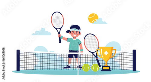Young tennis champion celebrates victory with trophy and rackets on court