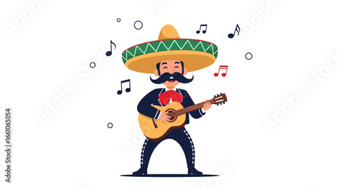 Joyful mariachi musician serenades with guitar and lively music notes