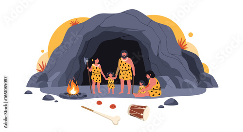Ancient family with children gathered around campfire outside cave dwelling, primitive lifestyle