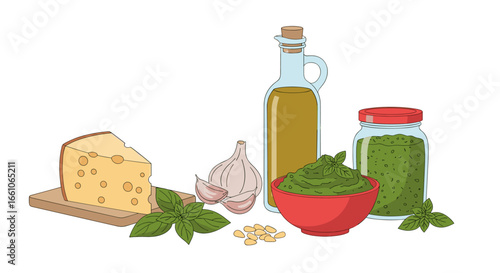 Fresh pesto ingredients gathered for delicious Italian cuisine preparation and enjoyment