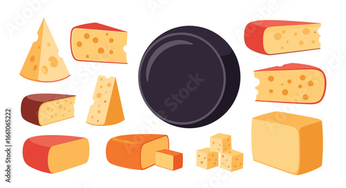 Assorted cheese slices and blocks with a dark olive, perfect for culinary projects and food blogs