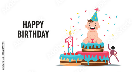 Adorable baby celebrating first birthday with a delightful cake and festive confetti, a joyful moment