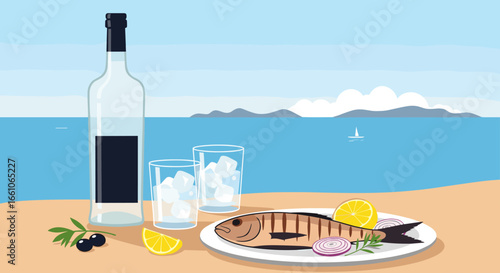 Grilled fish with lemon and olives, chilled drinks, and seaside views for summer dining