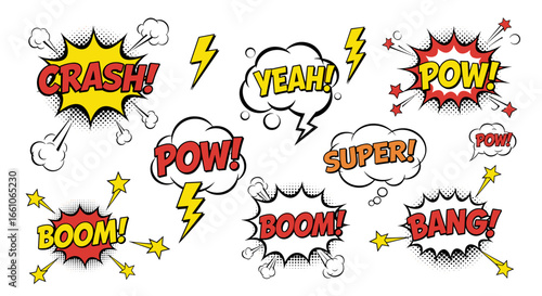 Dynamic comic book action words and sound effects for bold graphic designs and creative projects