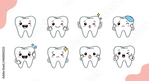 Adorable cartoon teeth expressing various emotions for dental health, hygiene, and care concepts