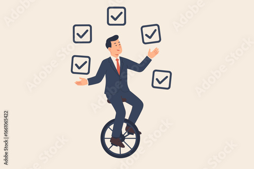 Businessman juggling checkmarks on a unicycle. Concept of professional multitasking, productivity, project management. To do list, task completion, work accomplishment, skill.