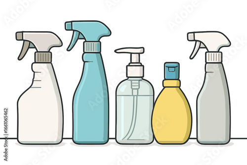 Cleaning spray bottles and dispensers collection. Household cleaning product containers, pump bottles, atomizer sprayers, liquid soap, detergent, sanitizer. Minimal style vector illustration.