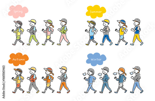ウォーキングをする男女のベクターイラスト 四季セット