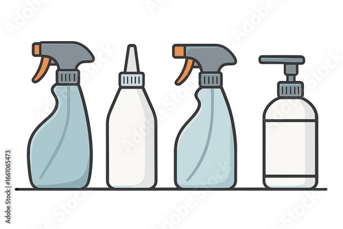 Collection of cleaning product spray bottles and dispensers in minimalistic vector cartoon style. Household cleaning containers for detergent, sanitizer, soap, bathroom, kitchen, janitorial supplies.