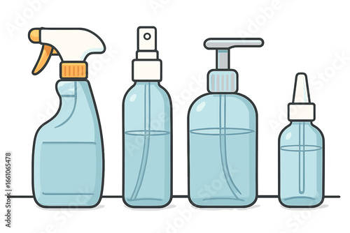 Diverse collection of spray bottles and liquid dispensers vector. Household cleaning supplies, cosmetic containers, pump and mist sprayers. Minimalistic cartoon illustration on transparent background.