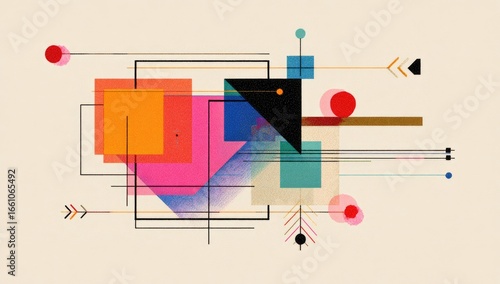 Abstract geometric composition featuring overlapping squares, triangles, and circles in vibrant colors on a light beige background