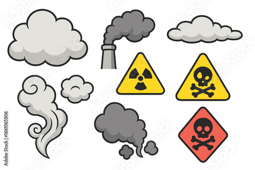 Environmental pollution vector cartoon set. Industrial smoke, toxic cloud, radioactive hazard, poison warning signs. Air contamination, health risk, atmosphere danger. Pollution, warning, environment.