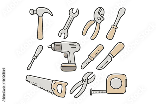 Hand tools for home repair maintenance, minimalistic style. Vector cartoon illustration of hammer, wrench, saw, screwdriver, pliers, knife, tape measure, drill in isolated transparent background.