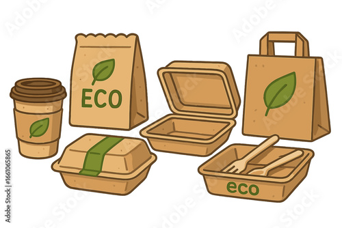 Eco friendly packaging set for food delivery service. Sustainable biodegradable craft paper containers, coffee cup, box and bag. Zero waste concept vector cartoon illustration.