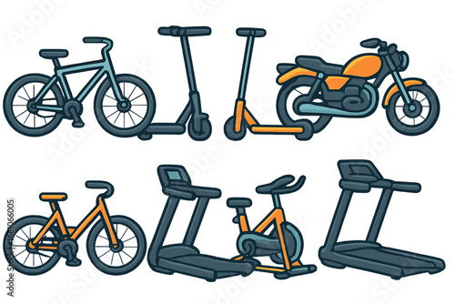 Collection of transport & fitness equipment. Vector icons of bicycle, scooter, motorcycle, treadmill & exercise bike for lifestyle & health concepts. Modern cartoon illustration set.