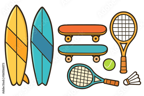 Sports equipment collection vector cartoon. Surfboard, skateboard, tennis racket, badminton shuttlecock. Summer outdoor activity icons. Active hobby, leisure and fitness.