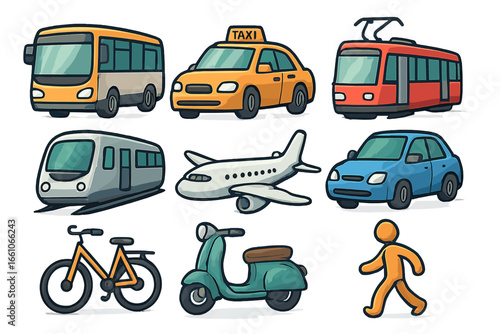 Urban transportation modes vector collection. Modern city travel icons set. Bus, taxi, tram, train, airplane, car, bicycle, scooter, pedestrian. Public transport, mobility concept illustration.