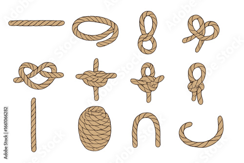 Set of rope vector illustrations. Minimalist cartoon bundle showing different rope forms, knots, loops, bends, coiled and straight rope. Nautical, climbing, fishing, survival and craft rope elements.