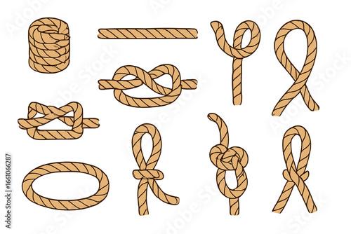 Rope Types and Knot Illustrations Set. Collection of different rope shapes, forms, and knots in cartoon minimalist style. Nautical, climbing, camping, fishing, survival, safety vector graphic.