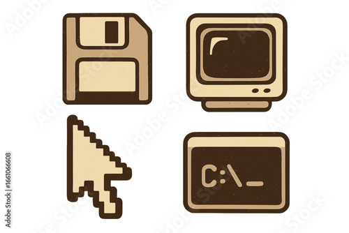 Retro Technology Vector Set. Vintage computer graphics icons with floppy disk, CRT monitor, pixel cursor arrow, DOS command prompt in classic style. Old tech illustration for digital nostalgia.