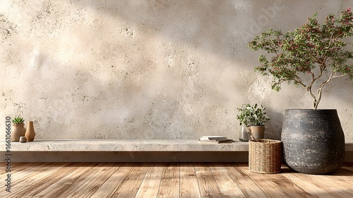 Rustic textured wall and wooden floor showcase potted plants in serene indoor setting with natural sunlight.