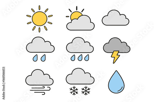 Minimalistic weather icons set. Cartoon atmospheric conditions. Sun, clouds, rain, snow, wind, thunder, drop symbols. Modern vector illustration. Transparent background. Climate forecast graphics.