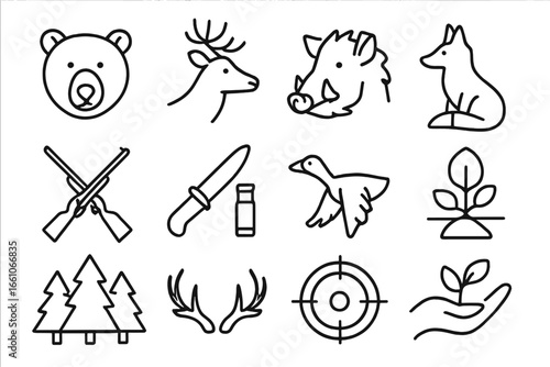 Forest Wildlife Animal Symbols, Hunting Tools, Conservation Activities, Nature Protection. Linear Vector Icons Set - Bear Deer Boar Fox, Rifle, Knife, Target, Trees, Antlers, Simple Line Art