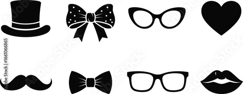 Black silhouette vector set of fashion accessories, facial features, and decorative symbols for design, party props, and creative projects