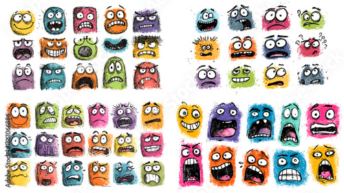 Vibrant cartoon illustration of monster faces showing different emotions and expressions. Perfect for children’s education, emotion charts, stickers, or playful character design.
