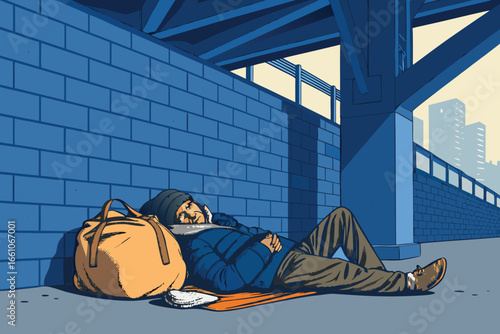 A solitary, vulnerable homeless person sleeps soundly under a stark, concrete bridge, clutching a worn duffel bag filled with their few belongings.