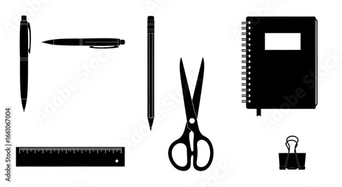 Minimalist black silhouette collection of office tools and stationery for work, study, and creative projects.