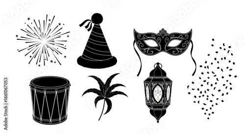 Festive Celebration Icons Party Hat, Drum, Mask, Lantern, and Firework Graphics