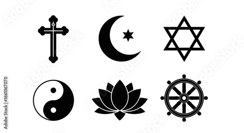 Religious Symbols Collection Christianity, Islam, Judaism, Taoism, Hinduism, and Buddhism Icons