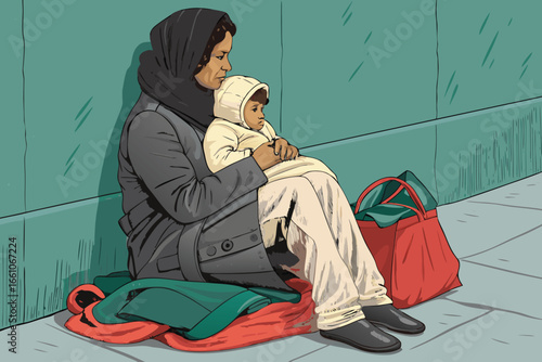 A poignant scene of a homeless woman cradling her young child, seated near a weathered urban wall, evoking hardship and resilience.