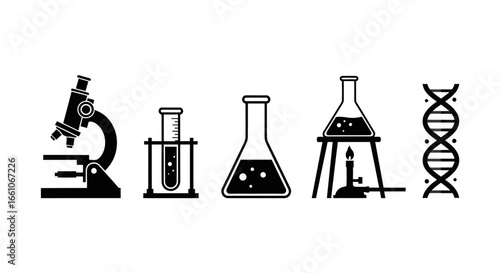 Science and Laboratory Equipment Icons of Microscopes, Beakers, and DNA Structures