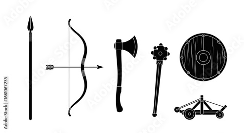 Collection of Ancient and Medieval Weaponry Silhouettes for Historical Themes and Combat Concepts