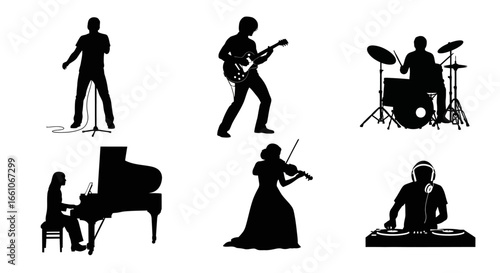 Silhouettes of Musicians Performing Vocalist, Guitarist, Drummer, Pianist, Violinist, DJ