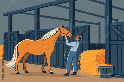 Rustic horse stable interior, farmer gently brushing a horse's long mane, sunlight streams through.