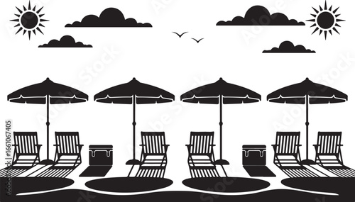 A stylized black and white illustration of a symmetrical beach scene with four lounge chairs and umbrellas under a sunny sky with clouds and birds.