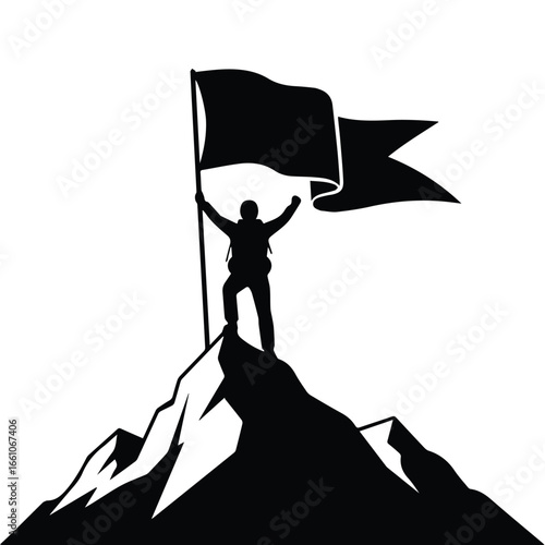 Silhouette of a triumphant figure planting a flag on a mountain peak under a bright white sky above him
