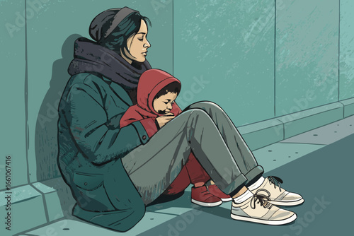 A poignant scene of a homeless woman tenderly holding her child, both seeking solace near a weathered wall.