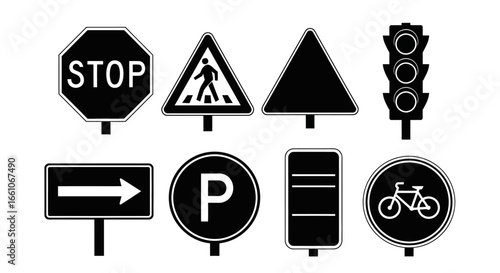 Collection of traffic and road signs, including stop, pedestrian crossing, parking, and bicycle route signs