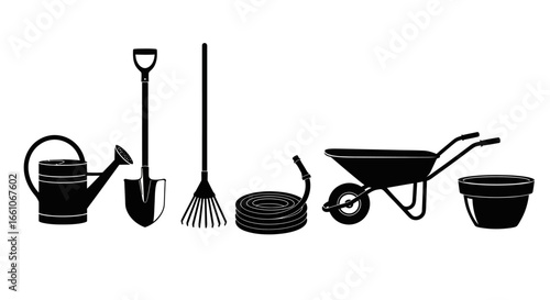 Gardening Tools Set Watering Can, Rake, Hose, Wheelbarrow, and Pot