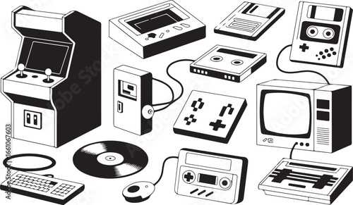 Title: A collection of stylized, black and white illustrations of various retro video game and electronic devices from the 1980s and 1990s.