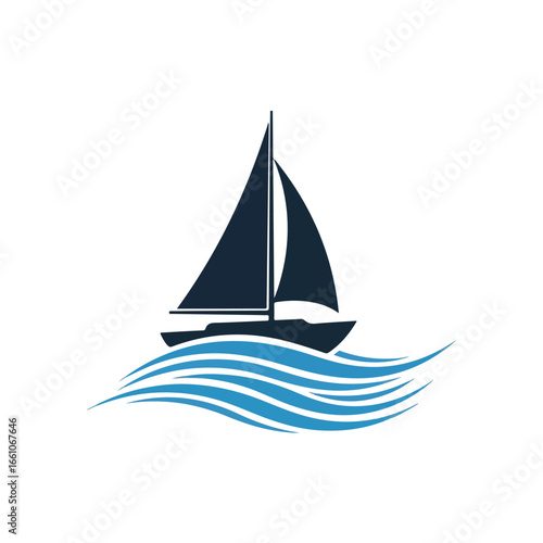 A stylized sailboat with dark sails sailing on blue waves against a white background is shown here