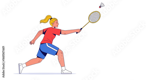 Energetic female badminton player mid-swing, hitting a shuttlecock with precision and agility during a fast-paced game, showcasing athletic skill.
