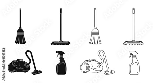 Cleaning Tools Line Art Broom, Mop, Vacuum, and Spray Bottle Set